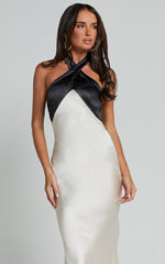 Trixie Midi Dress - Halter Neck Contrast Satin Slip Dress in Ivory