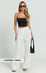 Trixie Pants - High Waist Linen Look Stripe Tailored Pants in Off White