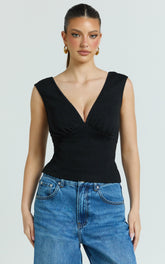 Trudy Top - V Neck Lace Trim Sleeveless Rib Top in Black