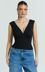 Trudy Top - V Neck Lace Trim Sleeveless Rib Top in Black
