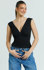 Trudy Top - V Neck Lace Trim Sleeveless Rib Top in Black