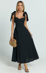 Tymia Midi Dress - Shoulder Tie Bustier Shirred Back A Line in Black