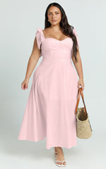 Tymia Midi Dress - Shoulder Tie Bustier Shirred Back A Line in Pink