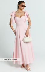 Tymia Midi Dress - Shoulder Tie Bustier Shirred Back A Line in Pink