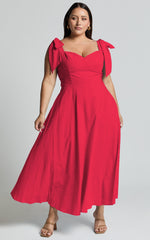 Tymia Midi Dress - Shoulder Tie Bustier Shirred Back A Line in Red