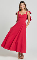 Tymia Midi Dress - Shoulder Tie Bustier Shirred Back A Line in Red