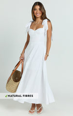 Tymia Midi Dress - Shoulder Tie Bustier Shirred Back A Line in White