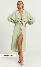 Tyricia Midi Dress - Long Sleeve Tie Front Cut Out Dress in Sage