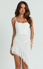 Uma Mini Dress - Strappy Scoop Neck Ruffle Hem Fitted Dress in White