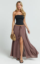 Under The Twilight Maxi Skirt - Thigh Split Skirt in Taupe