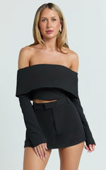 Ursula Top - Long Sleeve Off Shoulder Cropped Top in Black