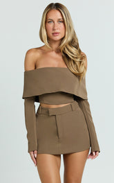 Ursula Top - Long Sleeve Off Shoulder Cropped Top in Khaki