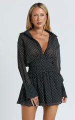 Valerie Mini Dress - Collared Long Sleeve Waist Shirt Dress in Black Polka Dot