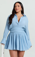 Valerie Mini Dress - Collared Long Sleeve Waist Shirt Dress in Pale Blue