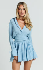 Valerie Mini Dress - Collared Long Sleeve Waist Shirt Dress in Pale Blue