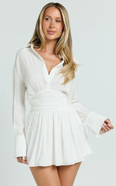 Valerie Mini Dress - Collared Long Sleeve Waist Shirt Dress in White