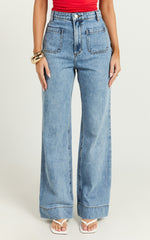 Vancouver Jeans - High Waist Straight Leg Patch Pocket Denim Jeans in Blue Wash