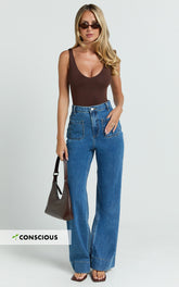 Vancouver Jeans - High Waist Straight Leg Patch Pocket Denim Jeans in Mid Blue Wash