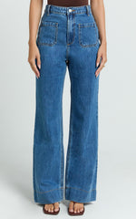 Vancouver Jeans - High Waist Straight Leg Patch Pocket Denim Jeans in Mid Blue Wash