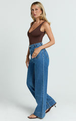 Vancouver Jeans - High Waist Straight Leg Patch Pocket Denim Jeans in Mid Blue Wash