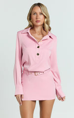 Vancouver Mini Dress - High Neck Collar Button Front Shirtdress in Pink
