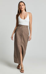 Vanna Midi Skirt - High Waisted Front Slit Skirt in Mocha