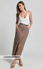Vanna Midi Skirt - High Waisted Front Slit Skirt in Mocha