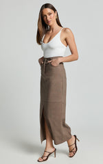 Vanna Midi Skirt - High Waisted Front Slit Skirt in Mocha