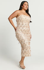 Variel Midi Dress - Strapless Fringe Sequin Dress in Champagne