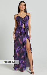 Velma Maxi Skirt - Recycled Tiered Ruffle Thigh Split Skirt in Violet Night Print