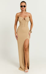 Venus Maxi Dress - Crochet Knit Halter Bodycon Dress in Beige