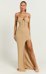 Venus Maxi Dress - Crochet Knit Halter Bodycon Dress in Beige