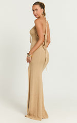 Venus Maxi Dress - Crochet Knit Halter Bodycon Dress in Beige