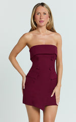 Veronica Mini Dress - Strapless Collared Tailored Bodycon Dress in Wine