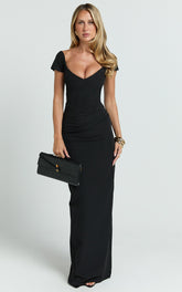 Veronika Maxi Dress - Off Shoulder Plunge High Split Dress in Black