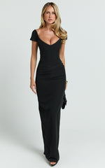 Veronika Maxi Dress - Off Shoulder Plunge High Split Dress in Black