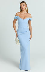 Veronika Maxi Dress - Off Shoulder Plunge High Split Dress in Blue