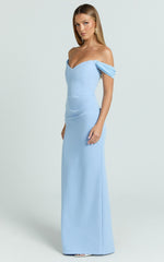 Veronika Maxi Dress - Off Shoulder Plunge High Split Dress in Blue