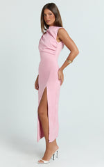 Veronnie Midi Dress - Tucked High Neck Sleeveless Fitted Leg Split Skirt Dress in Pink