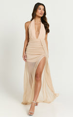 Vinnie Maxi Dress - Plunge Halter High Split Dress in Nude