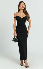 Vinnie Midi Dress - Off Shoulder Bustier Side Tuck Fitted Dress in Black
