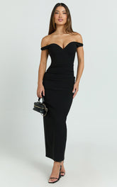 Vinnie Midi Dress - Off Shoulder Bustier Side Tuck Fitted Dress in Black
