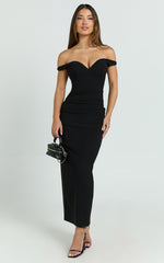 Vinnie Midi Dress - Off Shoulder Bustier Side Tuck Fitted Dress in Black