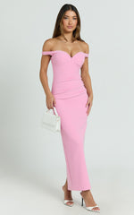 Vinnie Midi Dress - Off Shoulder Bustier Side Tuck Fitted Dress in Pink