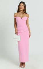 Vinnie Midi Dress - Off Shoulder Bustier Side Tuck Fitted Dress in Pink