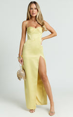 Vinny Maxi Dress - Sweetheart Neck High Leg Split Bodycon Dress in Lemon