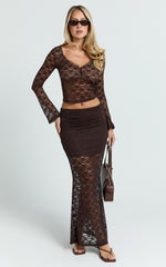 Viola Maxi Skirt - Lace Sheer Bodycon Skirt in Chocolate