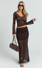 Viola Top - Lace Sheer Long Sleeve Top in Chocolate