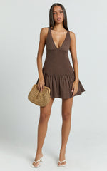 Virginia Mini Dress - Dropped Waist Gathered Mini Dress in Chocolate