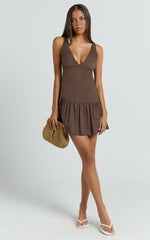 Virginia Mini Dress - Dropped Waist Gathered Mini Dress in Chocolate